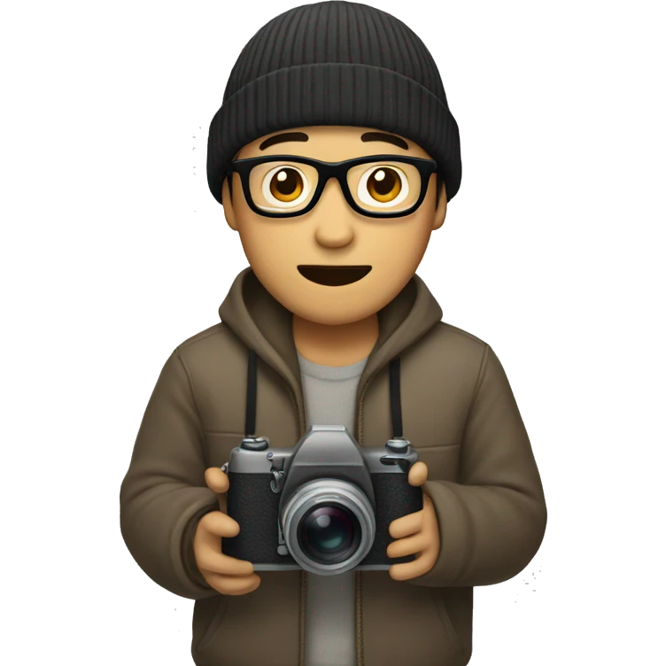 An Asian man wearing a beanie and glasses, holding a camera. emoji