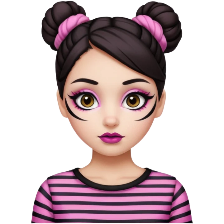 generate a pretty fair bratz girl with dark brown eyes. Dark brown hair straight hair with pink highlights tied into buns. Big eyeliner. black lipstick. Black and white striped top.  emoji