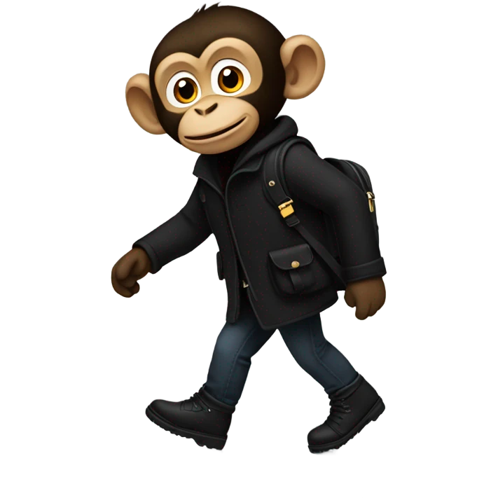 Monkey wearing black wool coat black ugg boots black backpack emoji
