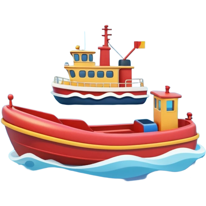 A 3D cartoon tugboat towing another boat on calm blue water, soft waves, clear sky, Memoji-style. emoji