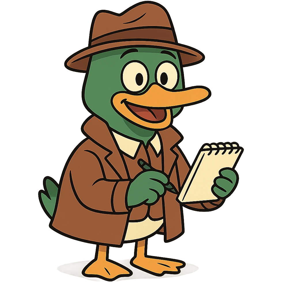 adorable mallard duck detective, with a brown hat and coat, holding a notepad, cheerful expression, illustrated style emoji