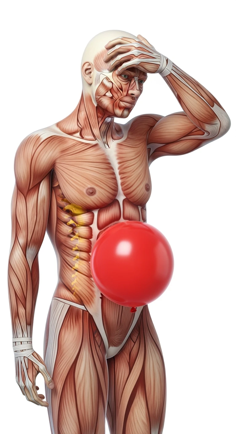corpo umano anatomico realistico in posa frontale con spina dorsale anatomica in evidenza e palloncino rosso sulla pancia, si tiene una mano sulla fronte disperata per la pancia gonfia, iperrealistica 4k, isolato su sfondo bianco emoji
