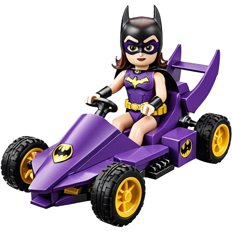 Hot full size real size-appearance electric road racing sexy BatGirl’s feminine midnight-colored tight outfit sixty’s tv show Lego dark stealthy sporty safe plush petite off-road pursuit cruiser car rose gold accents (black hair,reclined and relaxed torso and shoulders seating position) go kart  emoji