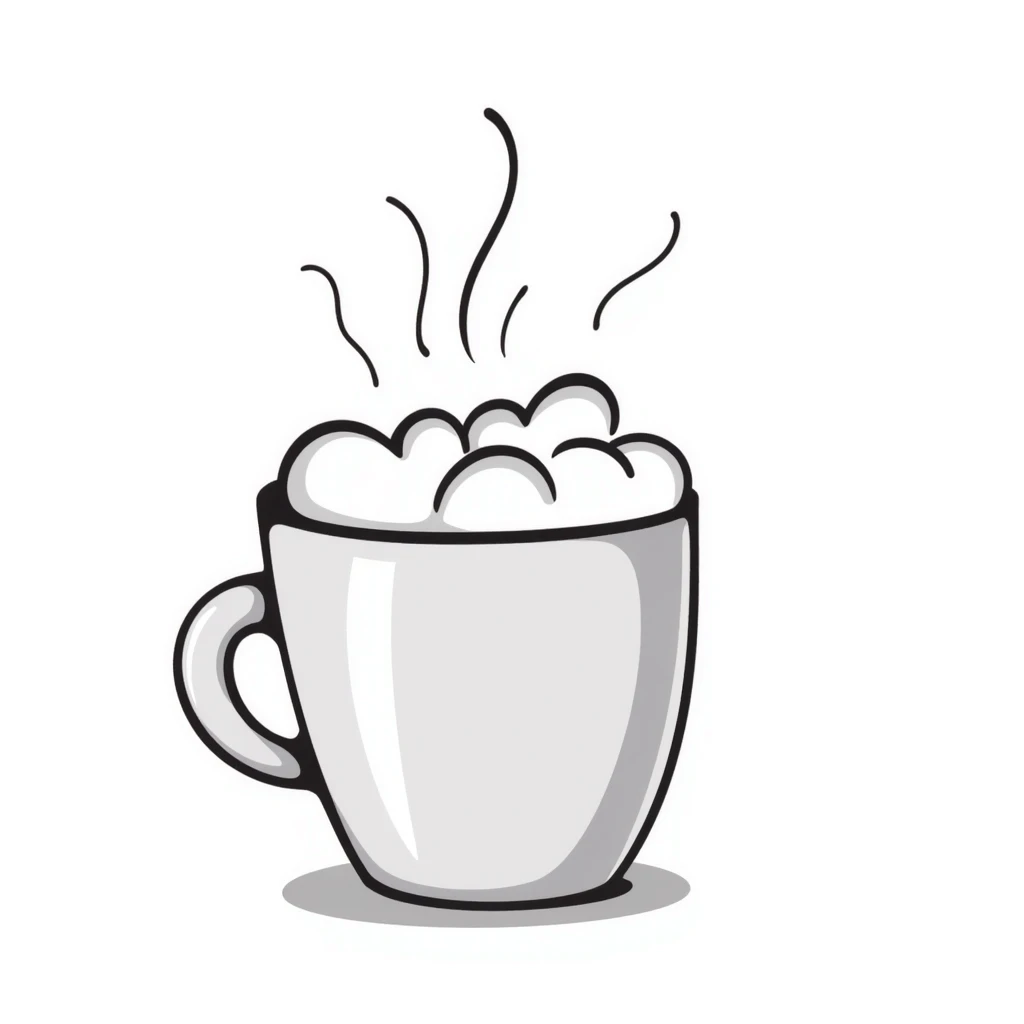 A mug of hot cocoa with marshmallows and steam in pastel colors (dd9fb0, ffc6d3, a3bfc9, c4bee2, f1b091), hand-drawn doodle style emoji