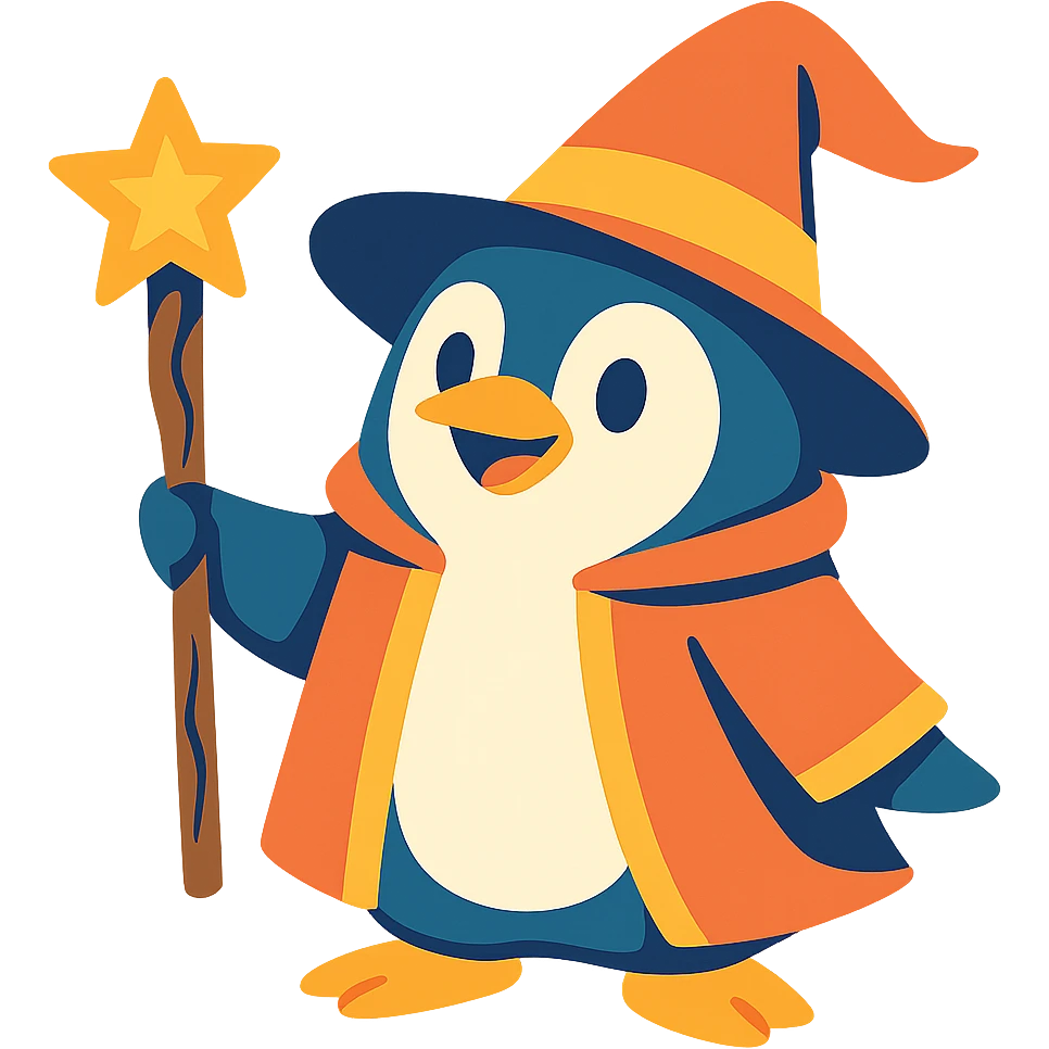 whimsical penguin dressed as a wizard, wearing a pointed hat and holding a magic staff emoji