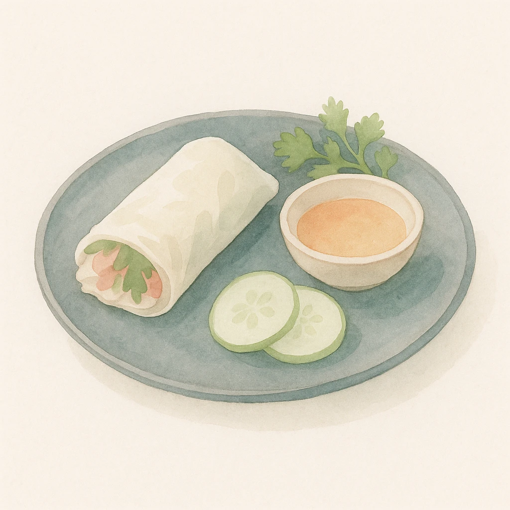 soft watercolor illustration in a minimalist, modern style, elegantly plated Vietnamese traditional dish on a dark ceramic plate, ambient restaurant lighting, pastel colors, delicate linework, gentle whimsical mood, minimal soft shading emoji