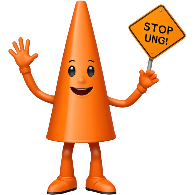 orange traffic cone with legs dancing with sign in his hand saying “stop using ai” emoji