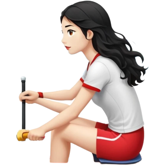girl with long black wavy hair, white skin, wearing red shorts and white short-sleeve t-shirt, sitting in a long and thin racing boat suitable for Olympic rowing, rowing, boat and girl facing right in profile emoji
