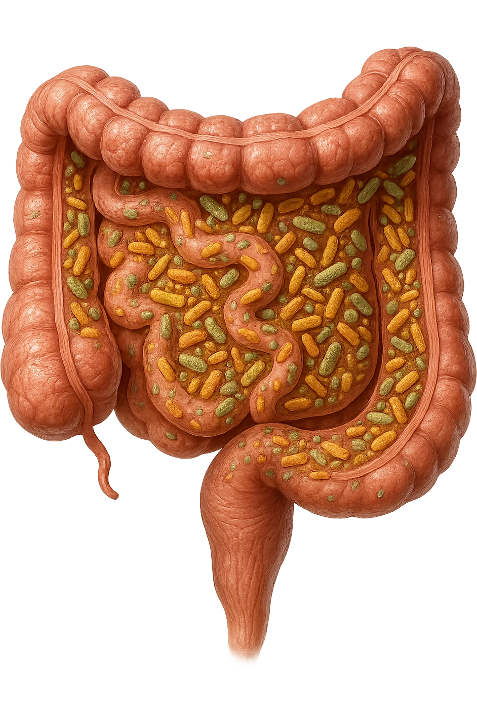 INTESTINO UMANO ANATOMICO CON BATTERI INTESTINALI, iperrealistica 4k emoji