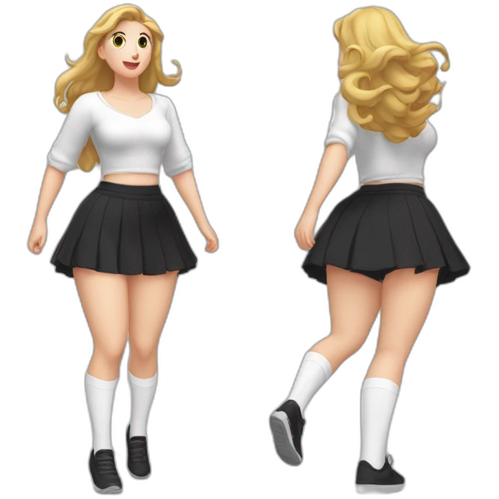 full-body-caucasian-curvy-beauty-jumping-short-black-skirt-back-and-front-views-strong-wind-white knickers-long-white-socks emoji