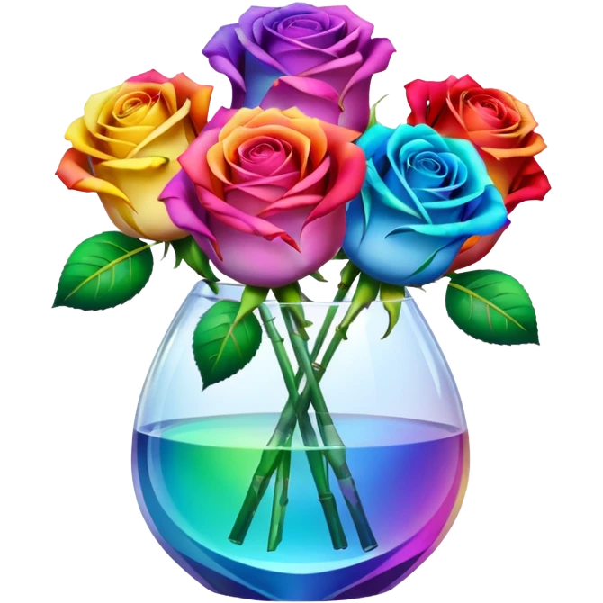 Rainbow color realistic roses in translucent clear crystal vase emoji