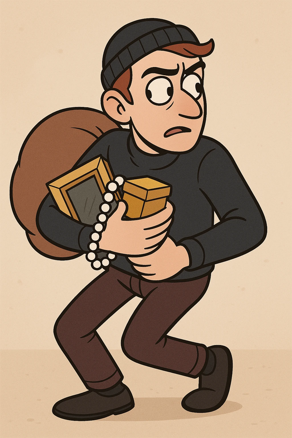 a thief, no mask, clutching stolen goods, glancing over shoulder, cartoon style emoji