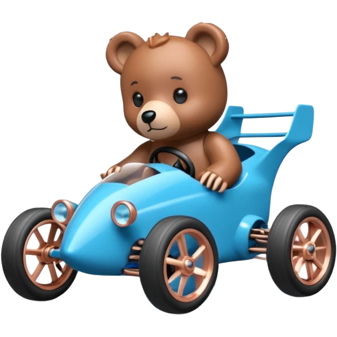 dar crystal blue and rosegold-accented rc racing car driven by a small cute Freddy bear with rear spoiler, safety cage, and wheely bar emoji