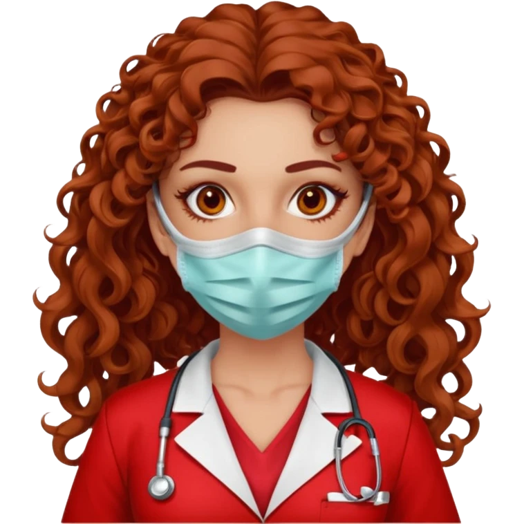 Sensual Spanish Lilith core evil surgeon.red outfit.  Surgeon has hazel eyes. Her hair is BROWN. Hair is also  long and  curly. wearing a sexy surgeon outfit with platform  heels.she is a calculated killer. She covers only her mouth and nose with mask to hide identity emoji