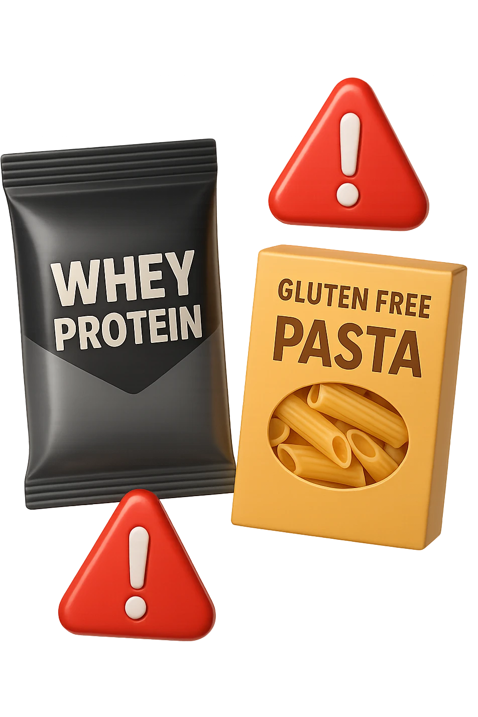 SU QUESTO STILE FAI UN EMOJI STILE IPHONE 3D DI UN pacco di whey protein e un pacco di pasta senza glutine che fluttuano in aria insieme a segnali di pericolo in 3d, FALLO MOLTO REALISTICO IN 3D emoji