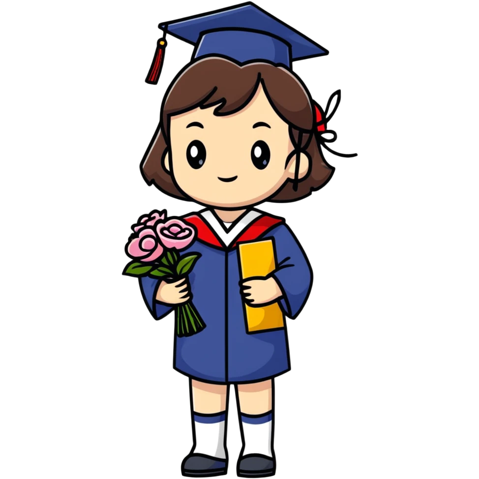Cute Japanese high school girl in graduation ceremony with bouquet and diploma emoji