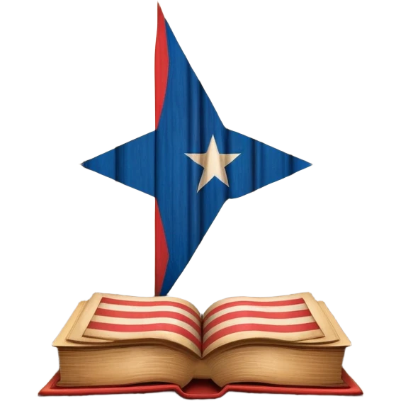 Ancient book with Puerto Rican flag subtly integrated on cover, carved wooden theater curtains symbol, warm vintage textures, soft glow representing timelessness and theatrical design heritage emoji