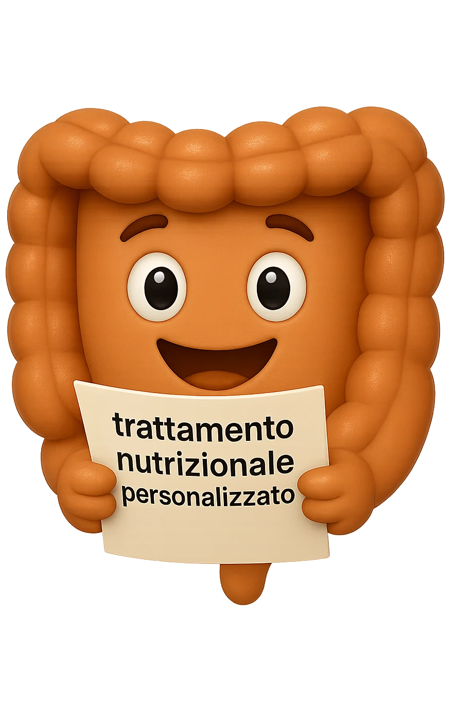 emoji stile iphone di un intestino realistico felice che legge un foglio con la scritta "trattamento nutrizionale personalizzato", non fargli il naso, iperrealistico 4k emoji