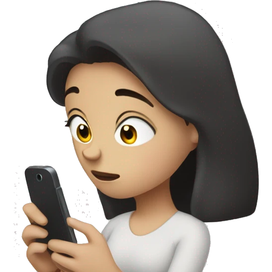 A girl with white skin and dark hair, with a sad face, holding her phone in her hand and typing a message, a message cloud on the side of it emoji