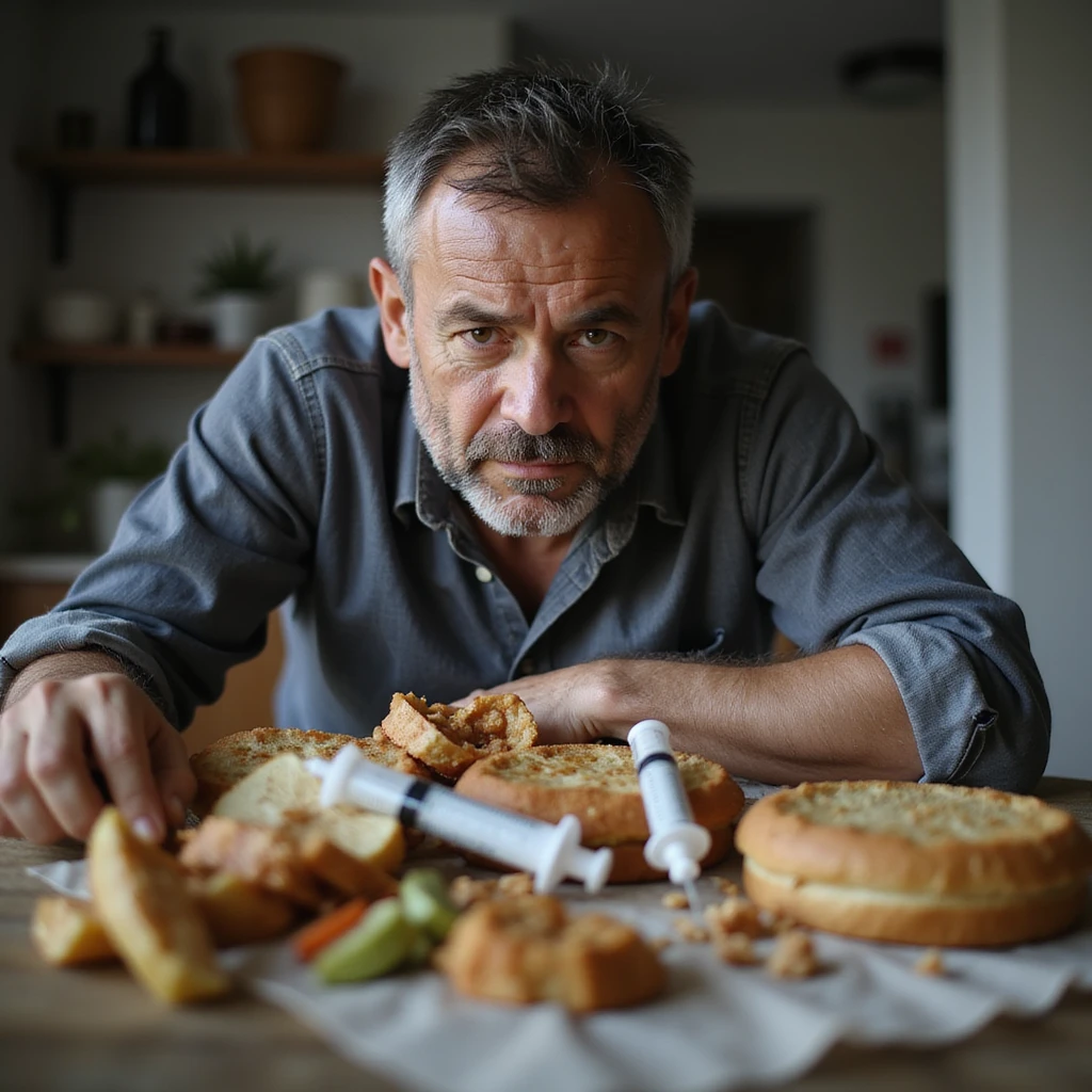 symbolic scene of an adult person with serious expression, surrounded by junk food and an insulin syringe on the table, home environment, Italian text 'Attenzione al diabete di tipo 2', 4K quality emoji