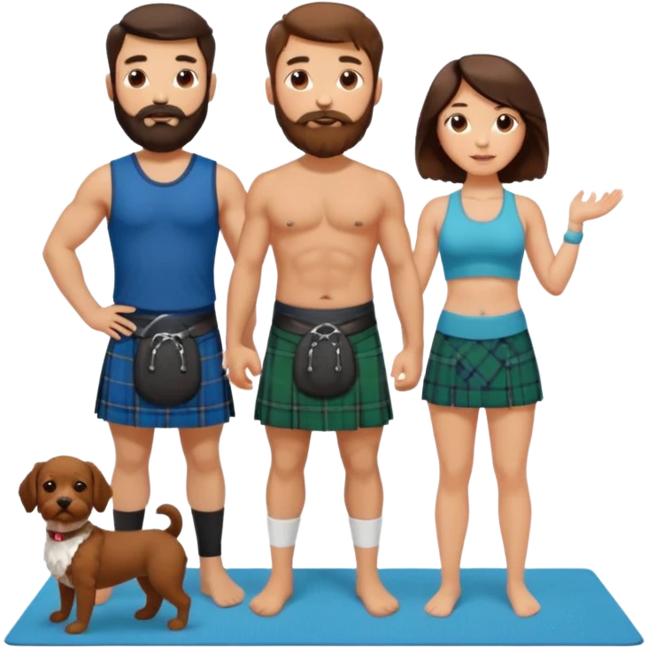 emoji of brunette man with beard wearing kilt, brunette woman in yoga outfit and white cockapoo dog emoji