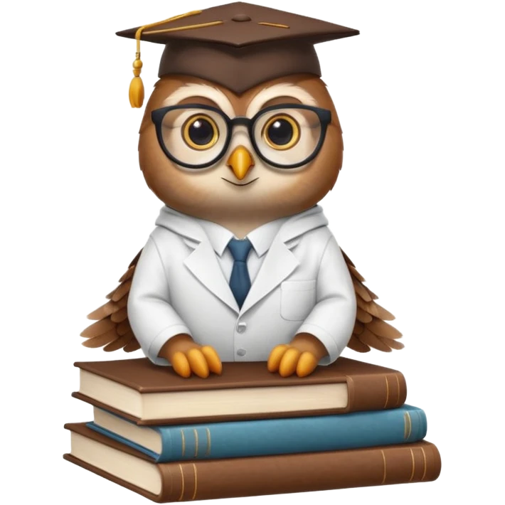 Wise owl with glasses, wearing a lab coat, perched on a stack of books. emoji