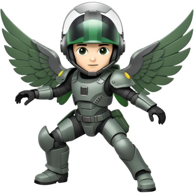 Danny ramirez as A character with a dark helmet and bright visor.
They wear a detailed grey and green tactical suit.
Large, articulated mechanical wings are spread wide. emoji