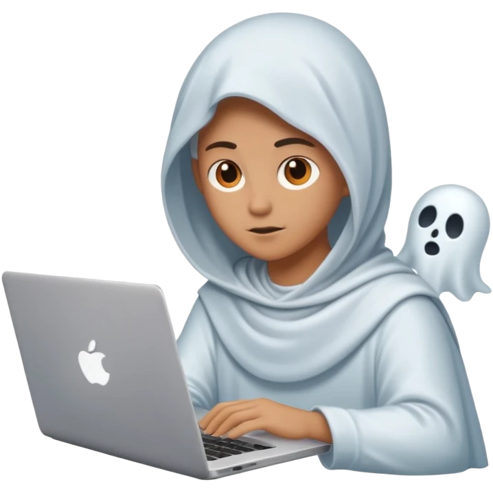 Create an emoji where an ungender person sits in front of the desk, designing ghost characters on laptop. Please refer to the attached image for ghost characters. emoji