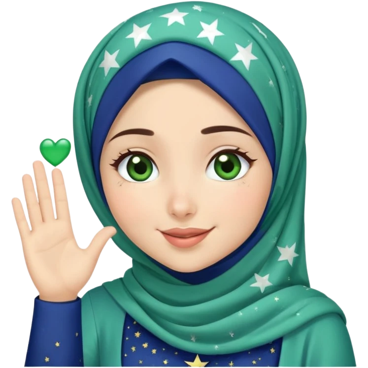 Turkish beautiful finish Konya girl blue starry hijab and green heart dress and wink her hand goodbye  emoji