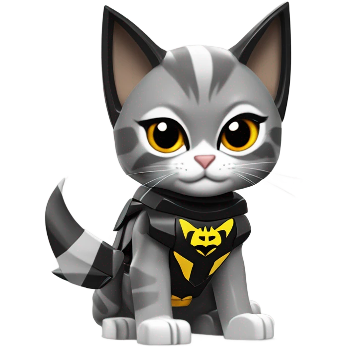 Lego Batman riding a Grey and black tabby kitten with white legs, razor sharp talons and wings of fire  emoji