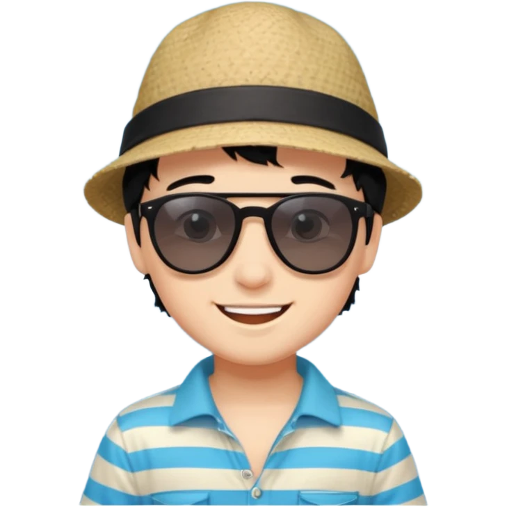  검정머리남자아이, 옷 입히고, 행복한 표정에, 배경 기득 심플하지 않게 키워드는 바다!!! 바다 배경!! emoji