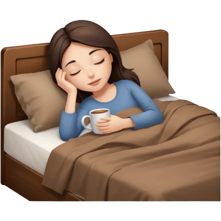 brunette girl with closed eyes lies on bed with brown bed linen and holds mug emoji