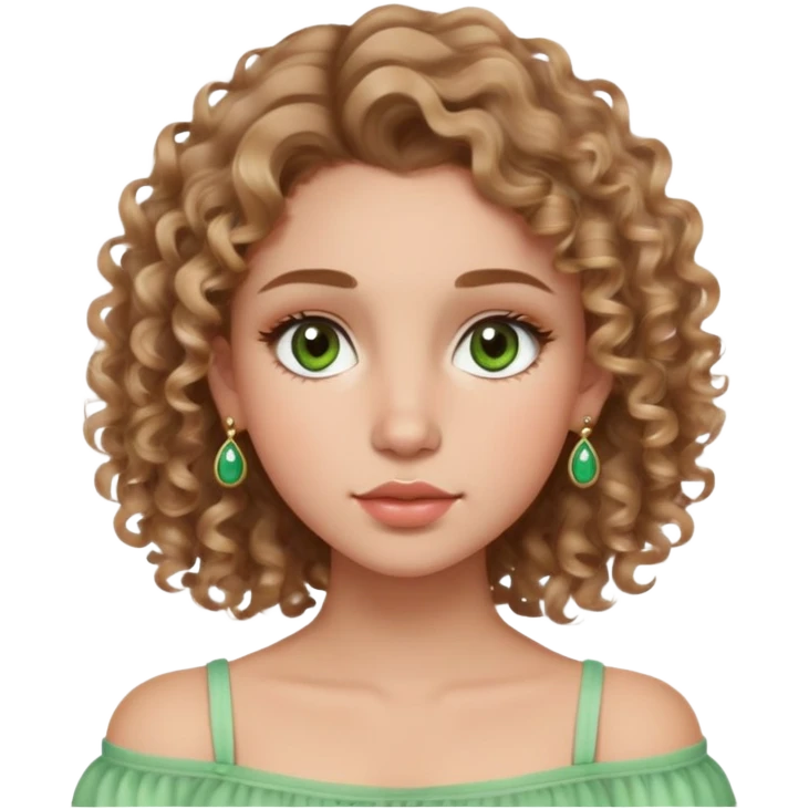 The girl with dark blonde medium curly hair, light skin, blush,green- brown eyes, sexy, beautiful, gentle, open shoulders, round earrings, postacne scars, long lashes and combed high brows and plump lips emoji