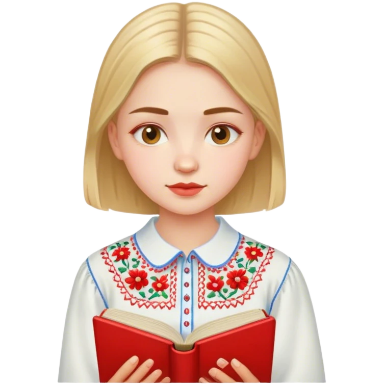 A Ukrainian girl in an embroidered shirt reads a red book emoji
