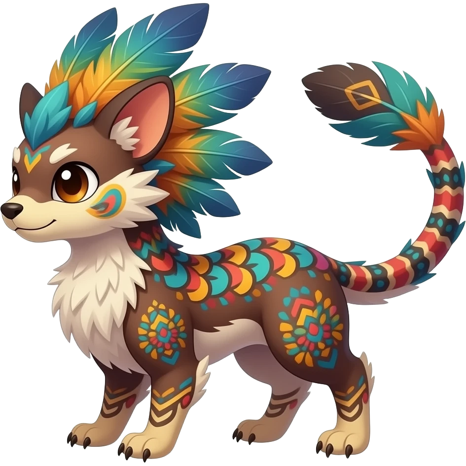Tribal-patterned aboriginal majestic feathery elegant realistic stylish Furry, fluffy feathery tropical painted scaly, colorful Litten-Minccino-Bambino-Linoone-Zangoose-fusion-hybrid-animal-Fakémon-creature, full body, thin long sleek tufted tail, intricate markings emoji
