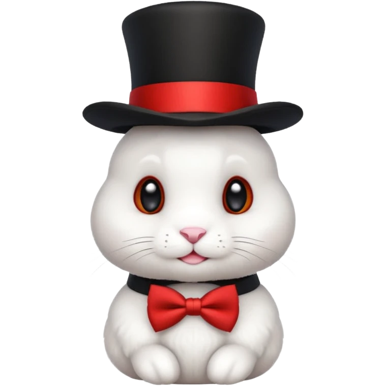 Cute emoji-style white bunny wearing a black top hat with a red band and a red bow tie, big round eyes, fluffy fur, clean mascot style, centered, transparent background, 1:1 ratio. emoji