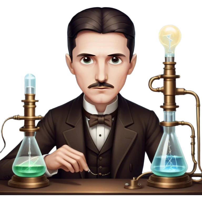 Nikola Tesla – Cinematic Realistic Portrait of Nikola Tesla, depicted as a visionary inventor with intense, thoughtful eyes and period attire, surrounded by subtle arcs of electric light and early laboratory apparatus, rendered with dramatic lighting that evokes mystery and innovation. emoji