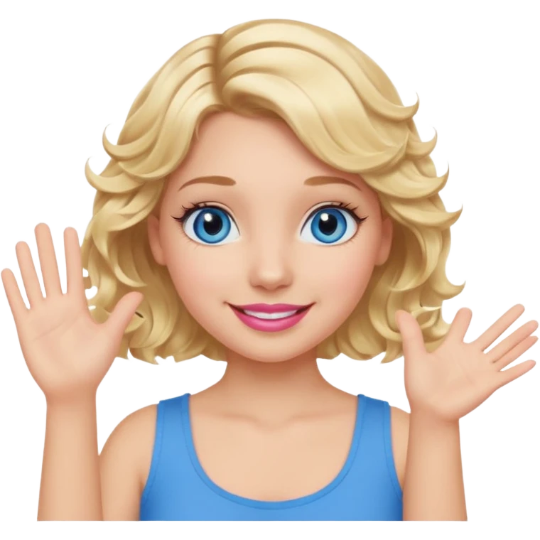 Girl Blonde short wavy hair,  blue eyes, cute blue top, long lashes, pink lips, smiling, waving hello  emoji