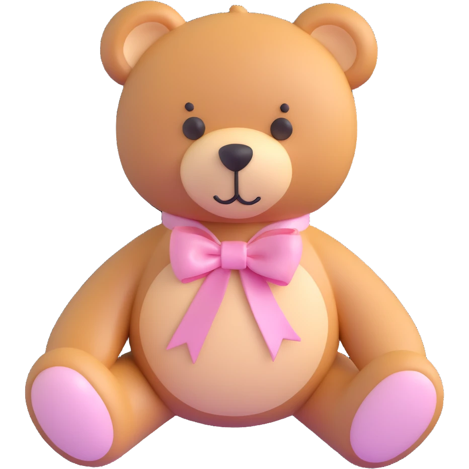 Stuffed teddy bear with light pink ribbon tied in a bow around its neck emoji