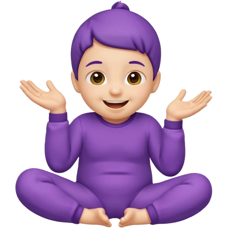 Apple-style emoji of a baby wearing a purple onesie, sitting and laughing joyfully, with hands down. emoji