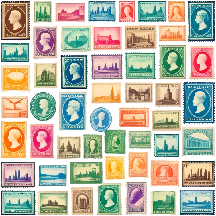 Icon for Stamp Collecting: a large stamp block in the center and a collection of vintage and colorful stamps arranged in an album or on a desk, with showcasing different themes. The icon should reflect the charm and history of philately. Transparent background. emoji