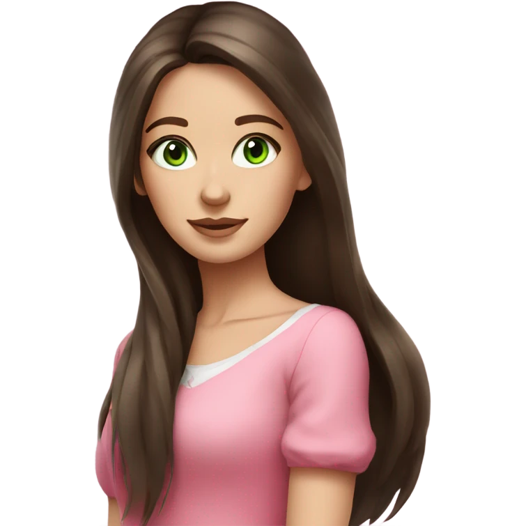 Beautiful Russian girl green eyes very long dark brown hair pink clothes  emoji
