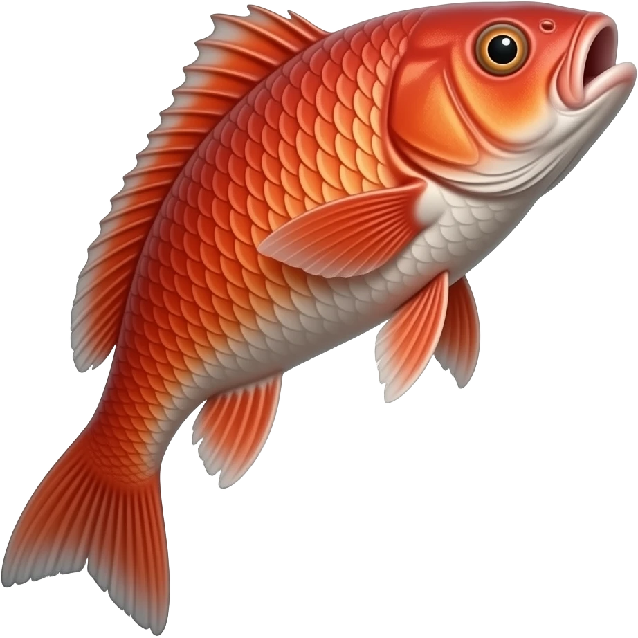 realistic red fish emoji, jumping, detailed scales, white background, emoji style emoji