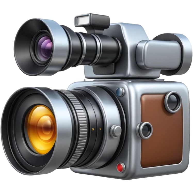 Minimal emoji icon of a huge cinematic metalic camera, front view, simple shapes, realistic lens,  emoji