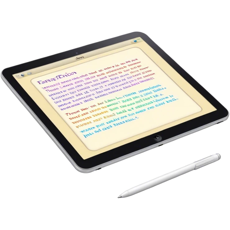 Create an emoji representing fanfiction writing. The design should feature a digital device tablet with visible text, symbolizing the creative process of writing fanfiction. Add a subtle reference to popular fictional characters or universes to indicate the fan aspect. Use a playful, imaginative color palette, blending vibrant tones with soft neutrals. Do not include any emojis or smiley faces. Make the background transparent. emoji