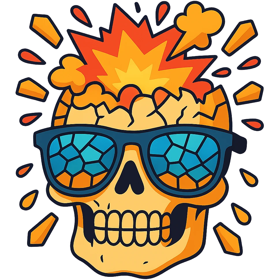 Enhance the skull with mosaic sunglasses, making the head explosion more detailed and vivid in a cartoonish style with vibrant toon aesthetics. emoji