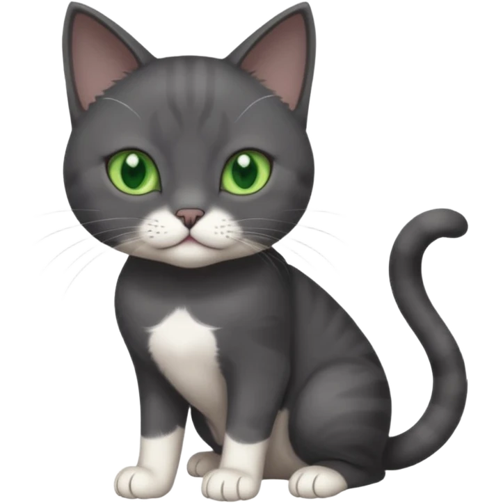 beautiful female solid dark grey cat with green eyes, white toes/paws and white patch on her chest playing emoji