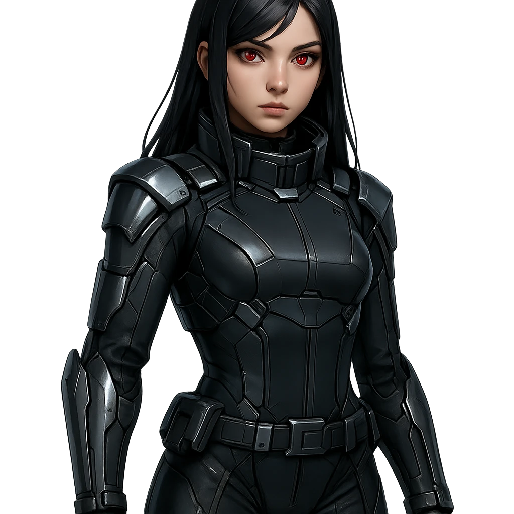 dark-haired, red-eyed girl in a high-tech officer outfit with metallic details, futuristic, sleek, sci-fi style emoji