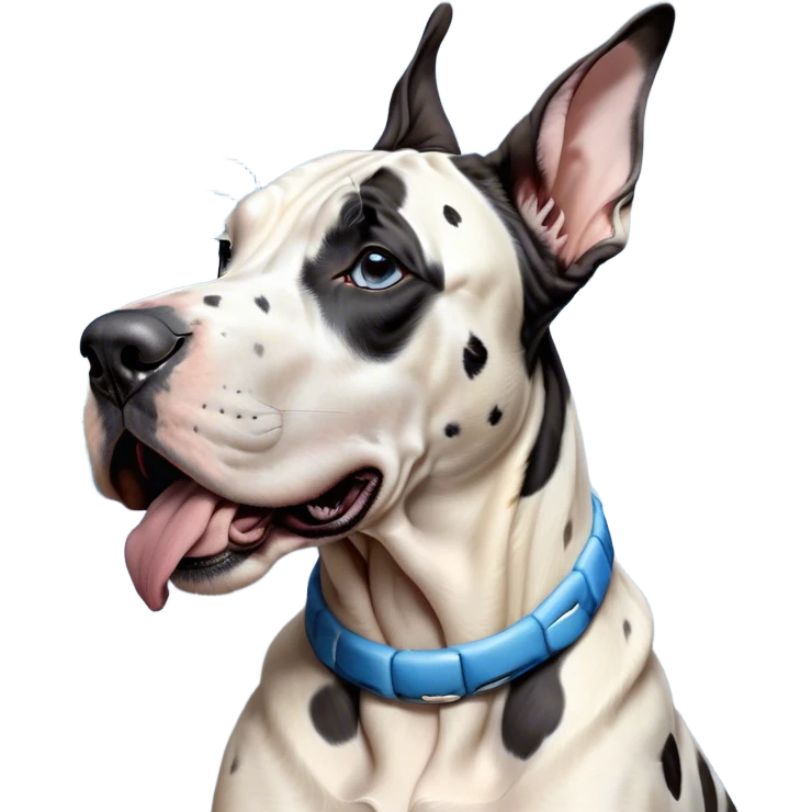 Cinematic Cute Yawning Harlequin Great Dane Portrait Emoji, Head tilted slightly with a dramatic, wide-open yawn, showcasing a smooth coat of predominantly white with bold black patches, floppy ears slightly drooping, round blue eyes barely open in drowsy contentment, Simplified yet irresistibly adorable features, highly detailed, glowing with a soft, cozy glow, high shine, relaxed yet expressive, stylized with a touch of whimsy, bright and endearing, soft glowing outline, capturing the essence of a sleepy yet affectionate guardian, so drowsy it feels like it could stretch out of the screen and curl up for a nap! emoji