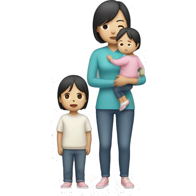 asian sad mum holding two kids, full body standing emoji